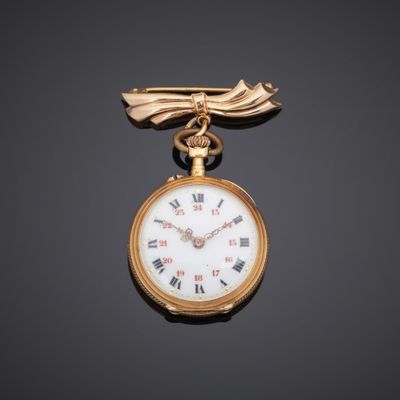 une image représentant une montre de poche ornée d'un nœud papillon sur fond noir