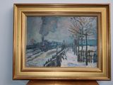 une peinture à l'huile représentant un train qui arrive sur les rails dans la neige