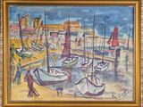 un tableau représentant des bateaux dans un port, avec des passants qui déambulent