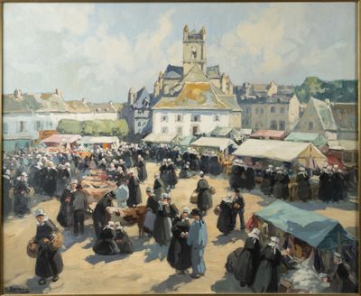 a painting of a crowd of people at a market