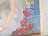 a painting of a woman sitting on a window sill
