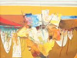 un tableau accroché au mur d'une pièce où des vêtements sont étendus pour sécher