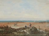painting of a beach scene with people and horses on the shore