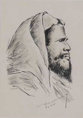 an ink drawing of a man with a beard and a hood