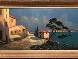 an oil painting of a village by the water with a tree in the foreground