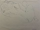 a drawing of a woman laying on a bed