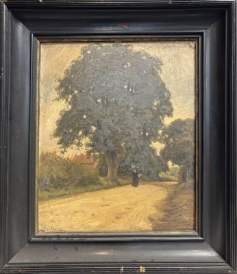 an oil painting of a country road with a tree in the foreground