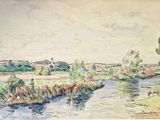 peinture représentant un paysage avec une rivière au premier plan et un village au loin