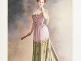 an old fashion illustration of a woman in a pink dress holding a fan