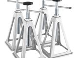 two white metal stands with black seats on them on a white background