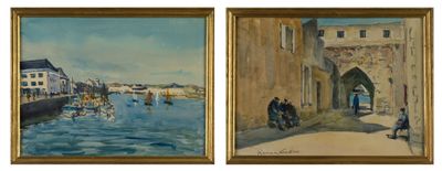 two paintings of people walking down a street next to a body of water