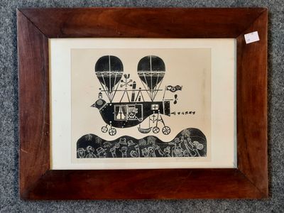a black and white drawing of a hot air balloon in a wooden frame