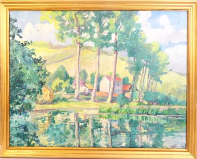 an oil painting of a house on a hill by a river
