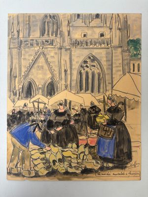 painting of a group of people standing in front of a church
