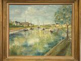 an oil painting of a river scene with boats in the water