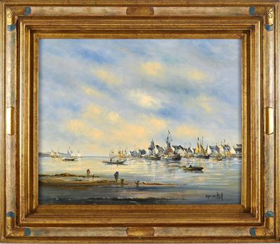 une peinture à l'huile d'une scène portuaire avec des bateaux dans l'eau