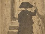dessin représentant un homme portant un chapeau noir et une femme vêtue d'une robe blanche