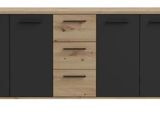 a black and oak sideboard with three drawers and two doors