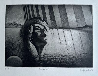 a black and white drawing of a woman ' s face in a field