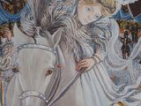 a painting of a woman riding a horse with a bird on her head