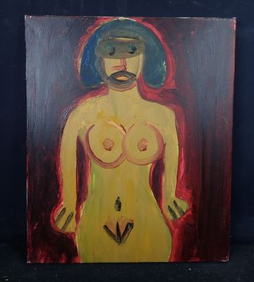 une peinture à l'huile représentant une femme en robe jaune sur fond noir