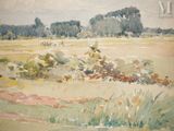 a watercolor painting of a landscape with trees in the background