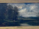 an oil painting of a landscape with a river in the foreground and trees in the foreground