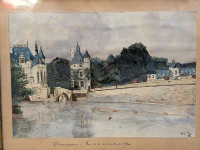 une photo d'un tableau représentant un château au bord de l'eau