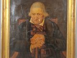 un vieux tableau représentant un homme assis sur une chaise, une canne à la main