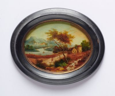 peinture représentant un paysage, dans un cadre rond, sur un fond blanc
