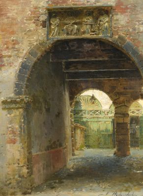 une image représentant une peinture d'une arcade dans un bâtiment en briques