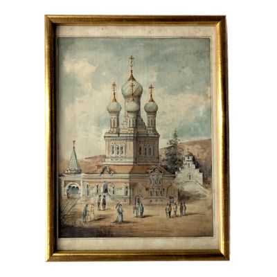 une vieille photo représentant une peinture d'une église avec des gens à l'extérieur