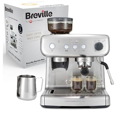 brevillel coffee machine with two cups of coffee in front of a box