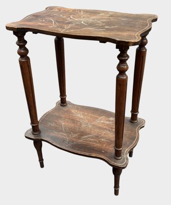 an image of a wooden table with a shelf on top of it