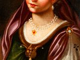 painting of a woman in a green dress and a pink headdress