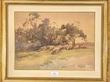 a picture of a painting of sheep grazing in a field