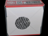 a white box with a red and black label on it