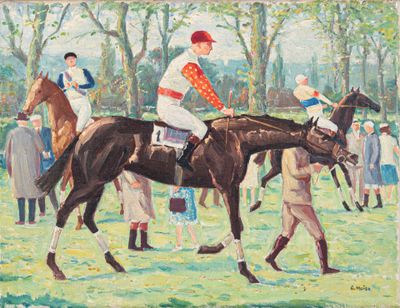 a painting of a man riding a horse in a field