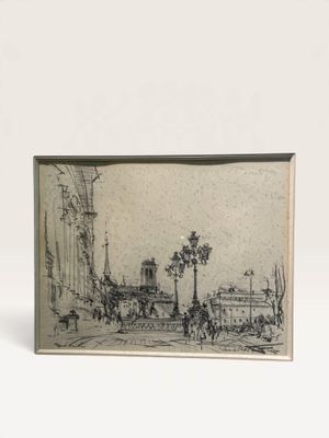 drawing of a street scene with a clock tower in the background