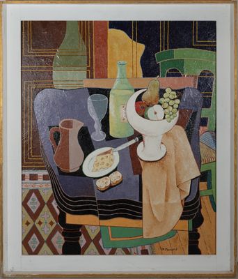 a painting of a bowl of fruit and a plate of bread on a table