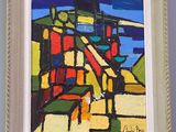 an image of a painting of a street scene in a white frame