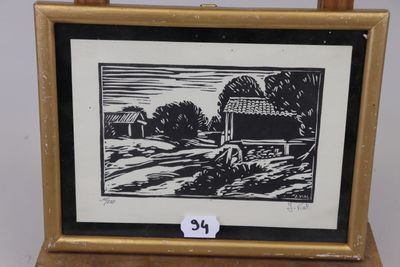 un dessin en noir et blanc représentant une scène de vie à la ferme, dans un cadre doré