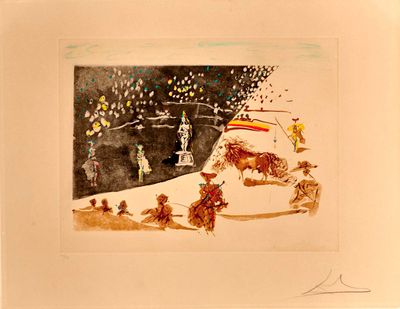 dessin représentant un paysage enneigé avec des personnages et des animaux dans la neige