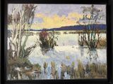 an oil painting of a lake with trees in the background