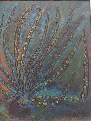 peinture abstraite représentant une plante dans un vase sur fond bleu