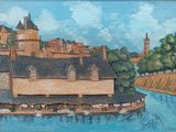 un tableau représentant un bateau sur l'eau devant un château