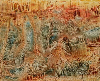 a painting of a city with a lot of buildings on it