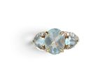 a close up of a ring with two stones on a white surface