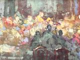 a painting of a man sitting at a table with a bunch of flowers