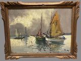 an oil painting of a sailboat in the water with a lighthouse in the background